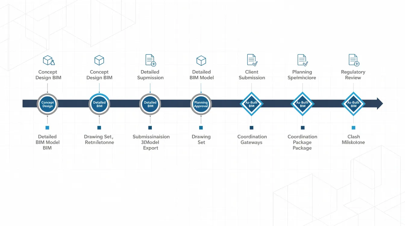The image depicts a detailed project timeline illustrating key BIM milestones, submission gateways, and deliverable checkpoints essential for managing construction projects. It highlights the collaborative efforts of project teams and BIM coordinators to ensure seamless coordination and successful project delivery within the BIM implementation framework.
