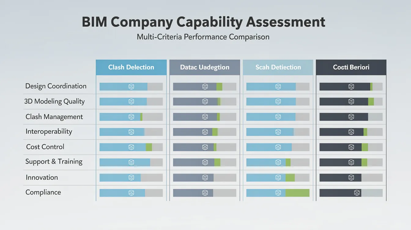 The image is a comparison chart that illustrates the capability assessments of various BIM companies in Singapore, focusing on multiple evaluation criteria relevant to construction projects. It highlights key performance indexes related to BIM implementation, coordination services, and project delivery, aiding project teams and stakeholders in making informed decisions.