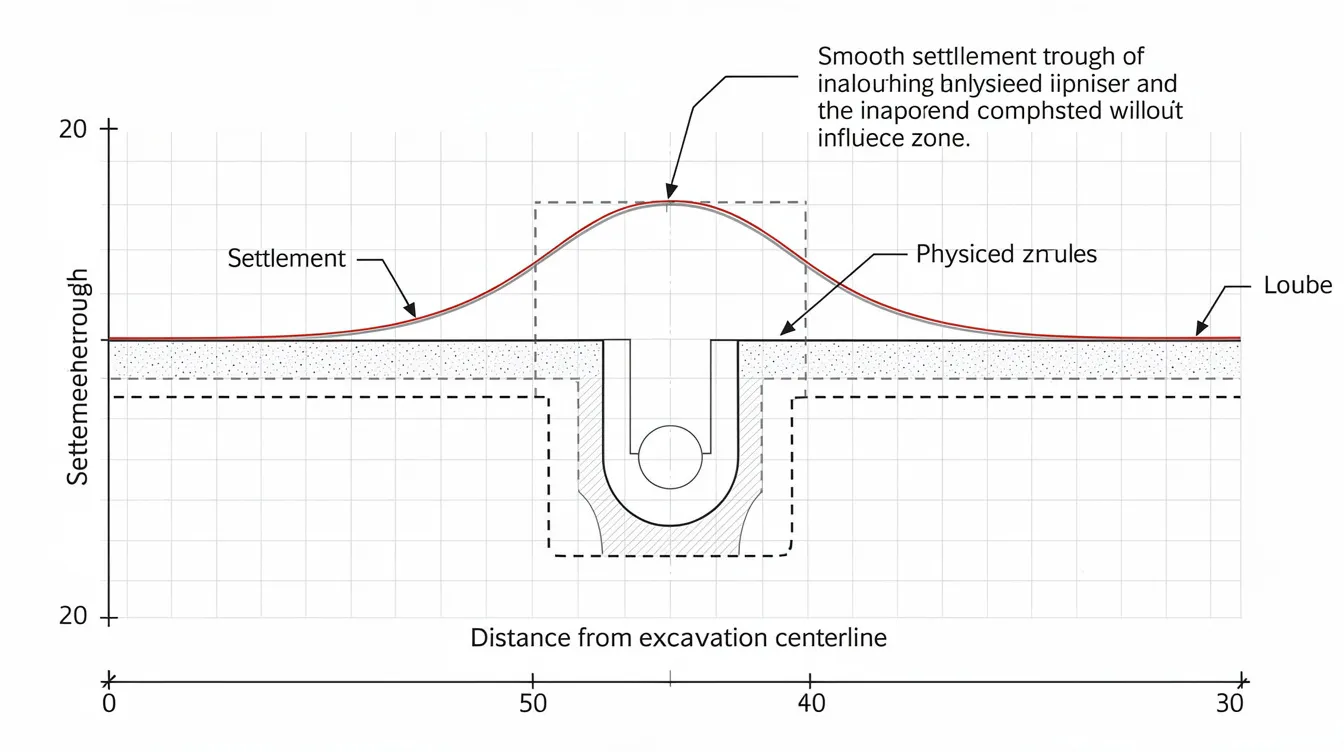The image depicts a cross-section illustrating the settlement trough profile and its influence zone extending beyond the excavation site, highlighting the potential impact of ground movement on adjacent buildings during tunnel construction. This visual serves as a valuable tool for settlement analysis and understanding soil structure interaction in civil engineering projects.