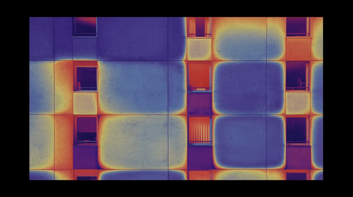 A close-up thermal imaging scan reveals heat patterns on a building's exterior wall, highlighting areas of potential deterioration and defects during a facade inspection. This advanced technology aids building owners and inspectors in efficiently identifying issues while ensuring regulatory compliance and safety.
