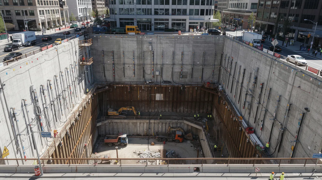 An aerial view of a deep excavation site reveals monitoring instruments installed along the retaining walls, essential for instrumentation monitoring and ensuring compliance with geotechnical parameters in this urban construction setting. The scene captures the complexity of structural elements and the meticulous planning required for safe construction practices.