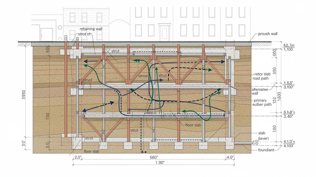The image is a cross-section diagram of a multi-level basement excavation, illustrating primary and alternate load paths through struts and floor slabs. It highlights the importance of structural redundancy and integrity in preventing disproportionate collapse, ensuring that if one column or member fails, the system can redistribute the load to maintain safety and prevent total collapse.