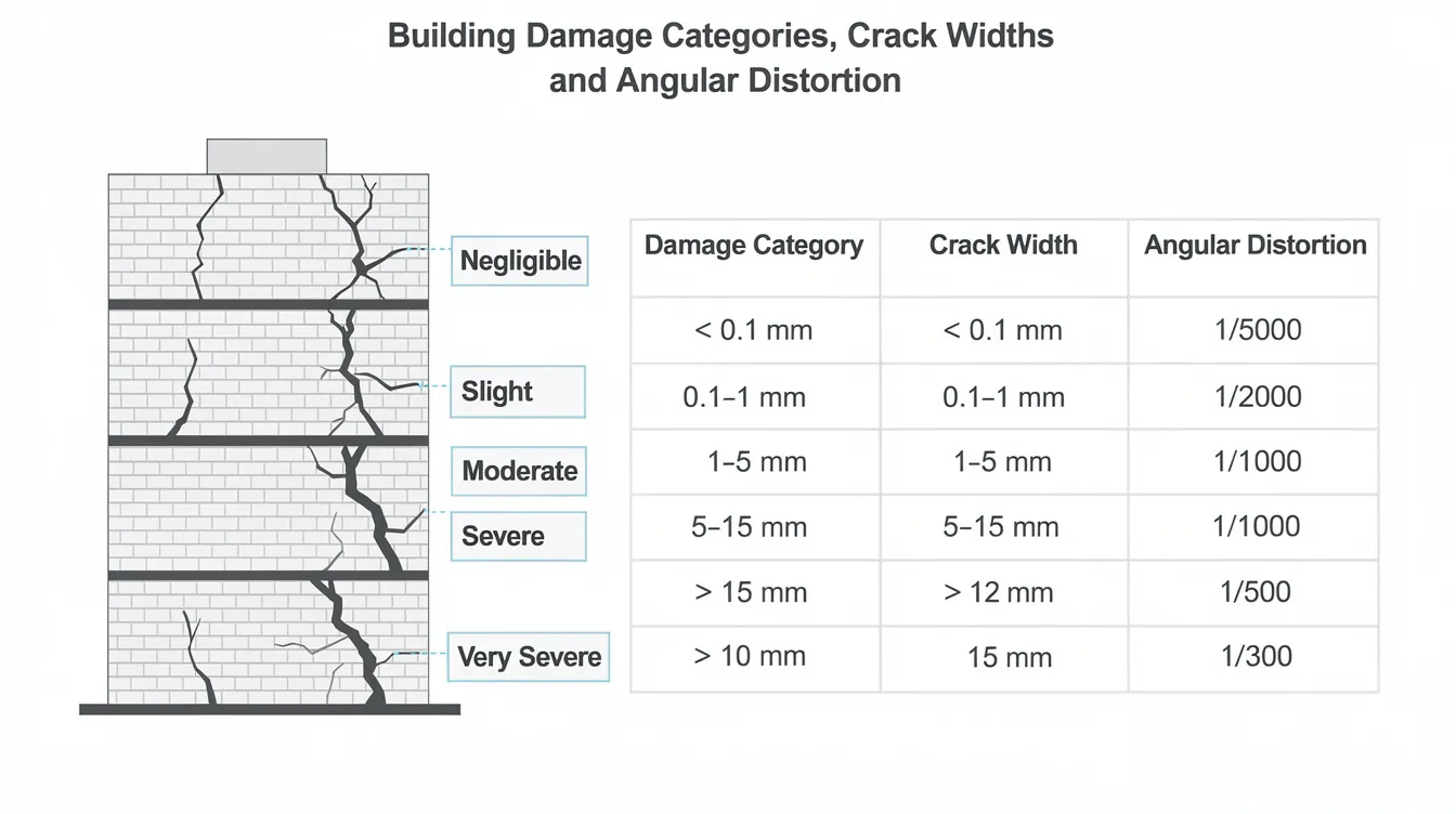 The diagram illustrates various building damage categories, highlighting corresponding crack widths and angular distortion levels that can occur due to ground movement, particularly during tunnel construction or excavation. This visual representation aids in understanding the impact of ground settlement on adjacent structures and the importance of accurate settlement analysis in civil engineering projects.