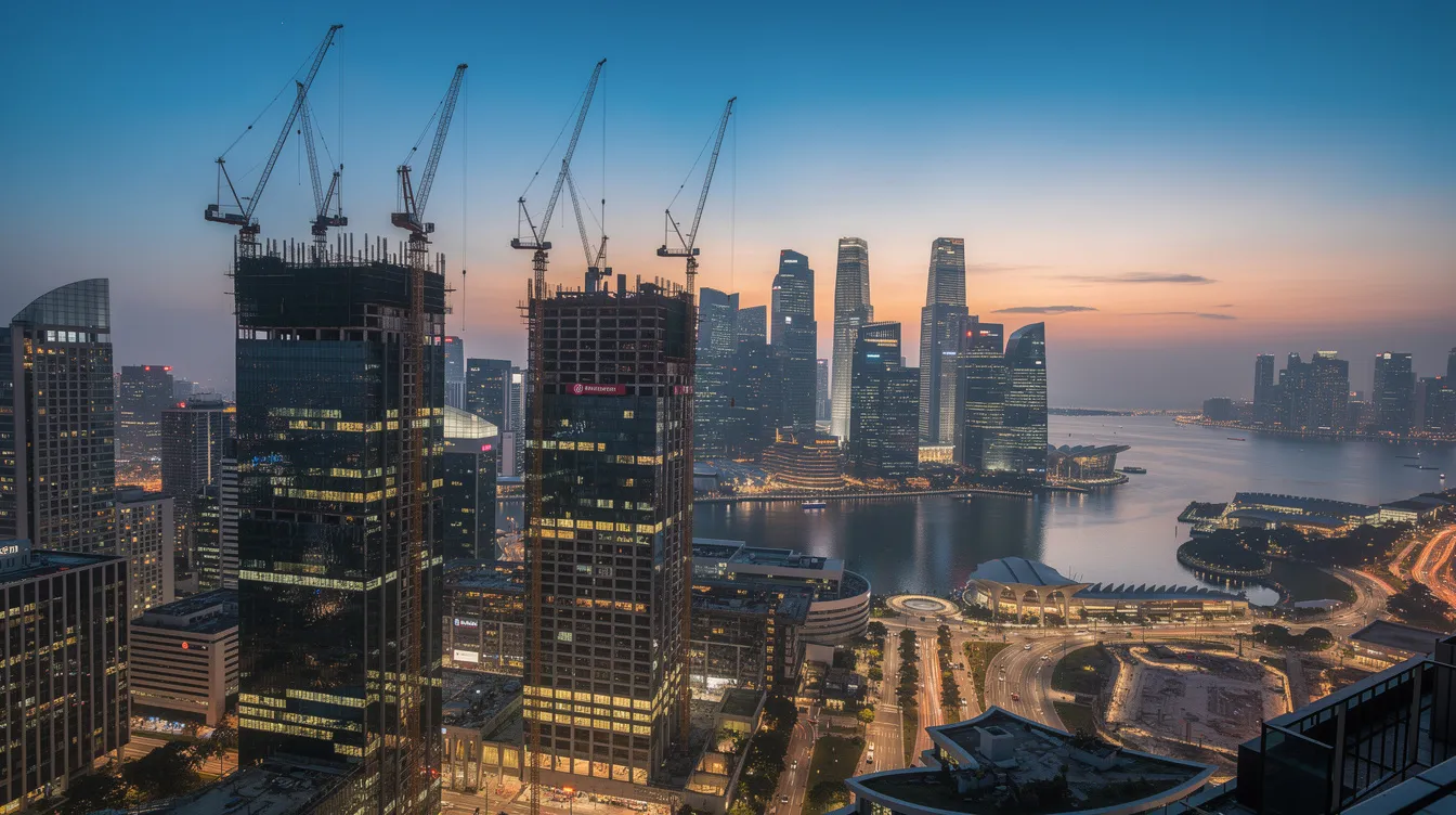 The image showcases the vibrant skyline of Singapore, featuring modern high-rise construction projects with cranes and sleek glass towers. This scene reflects the city's ongoing development and the role of BIM companies in facilitating architectural BIM services and seamless coordination among project teams.