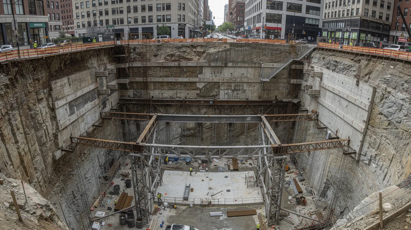 The image depicts an underground basement excavation site, showcasing retaining wall systems and structural supports essential for maintaining structural stability in an urban construction environment. Various temporary structures are visible, reflecting the construction process aimed at ensuring safety and compliance with engineering considerations amidst existing buildings and site constraints.