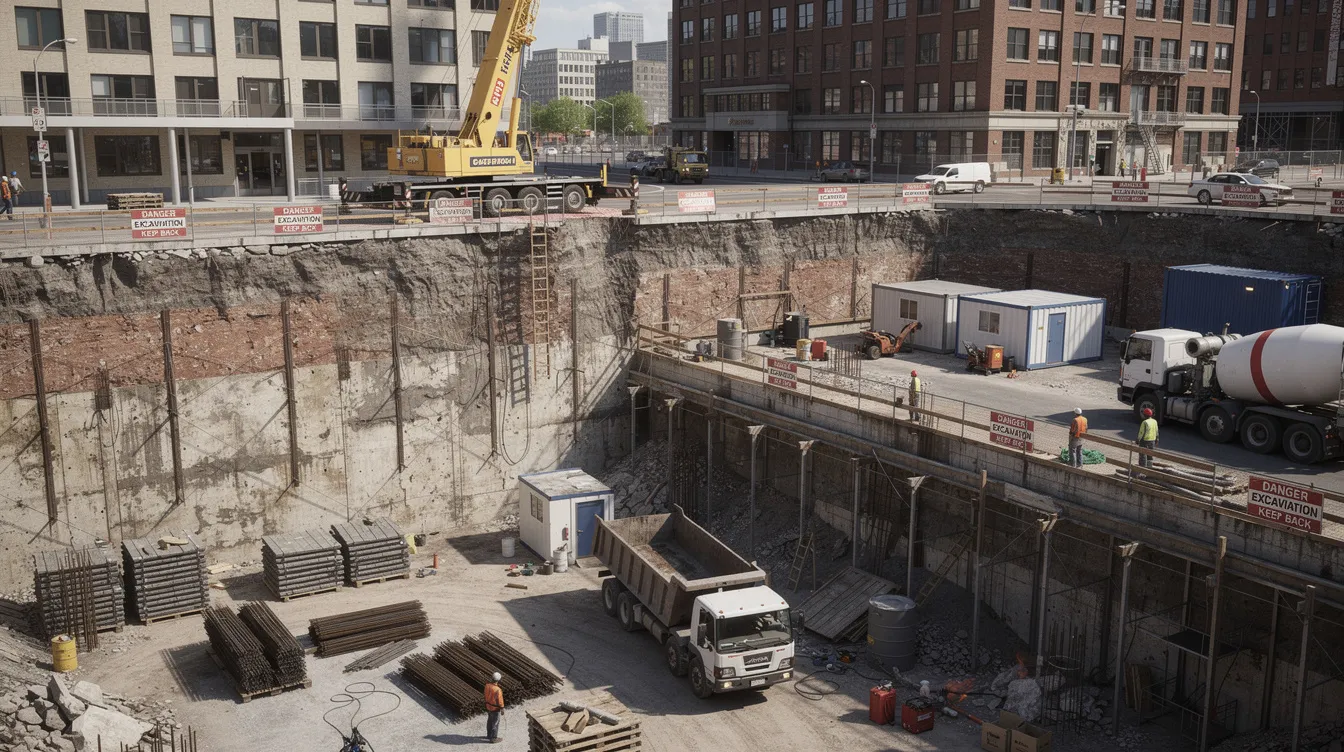 The image depicts a construction site featuring a deep excavation next to existing buildings, highlighting potential accidental load sources that could affect structural integrity. This scenario emphasizes the importance of structural redundancy and alternate load paths to prevent disproportionate collapse in the event of a failure in one column or member.