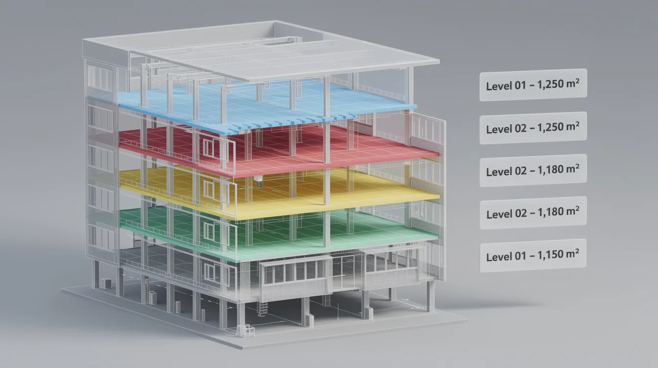 The image depicts a 3D building information model illustrating automated floor area calculations for each level, showcasing the gross floor area calculation, including external walls, interior walls, and various rooms such as meeting rooms and storage rooms. This model aids in estimating construction costs and ensuring regulatory compliance for development proposals.