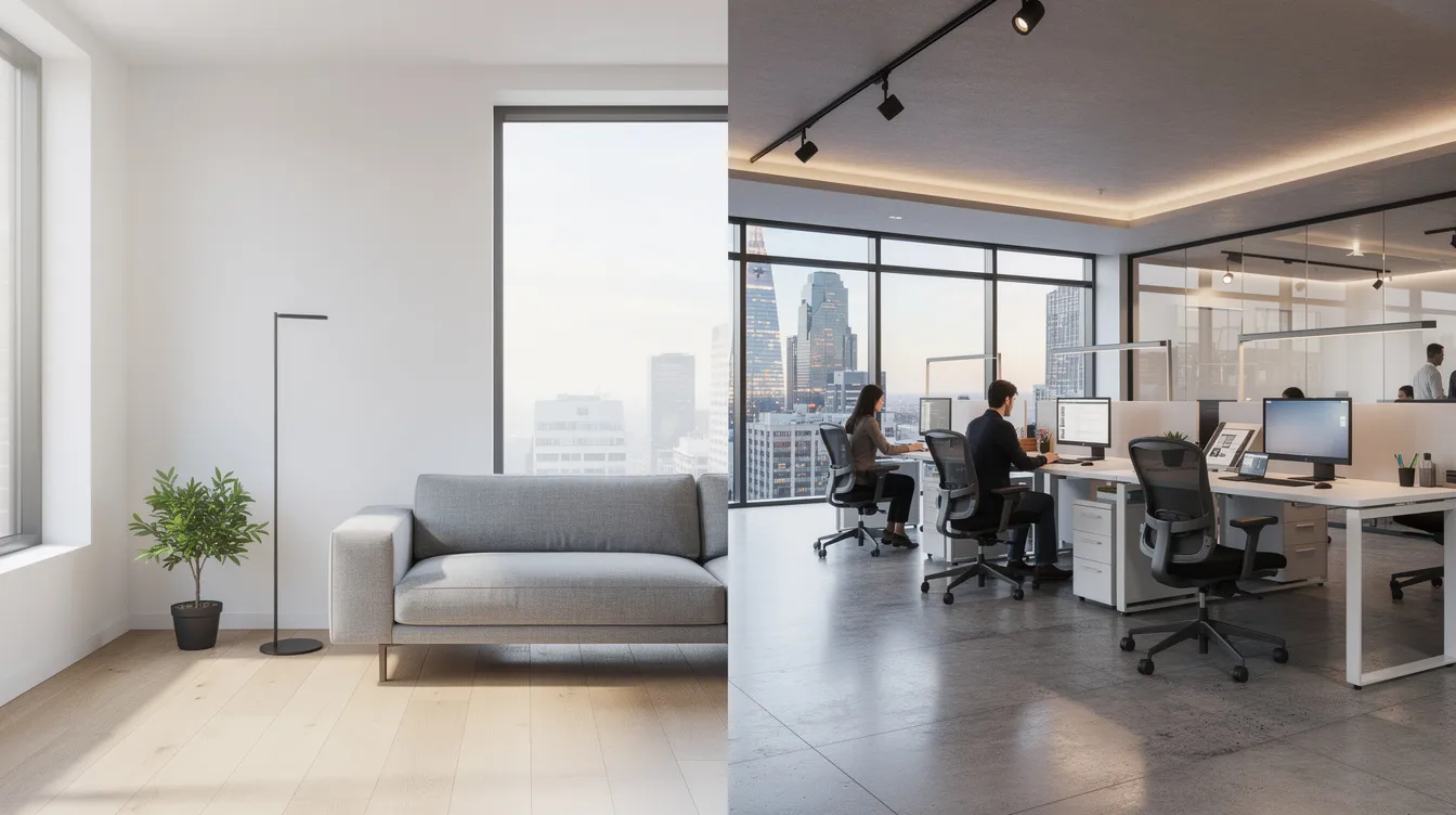 The image presents a side-by-side comparison of a minimalist residential interior, showcasing clean lines and functional spaces, and a contemporary commercial office space, designed for collaboration and efficiency. This visual highlights the expertise of interior designers in creating distinct environments tailored to the specific needs of both residential and commercial projects.