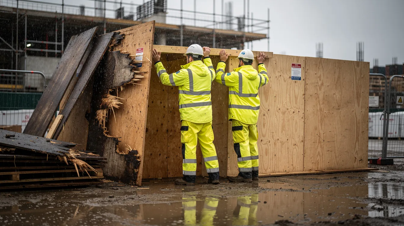 Workers in high-visibility clothing are replacing damaged timber hoarding panels on a rainy construction site, ensuring compliance with health and safety regulations to protect the public and maintain a secure site perimeter. The ongoing work highlights the importance of sturdy barriers in preventing unauthorized access and addressing potential hazards in the construction industry.