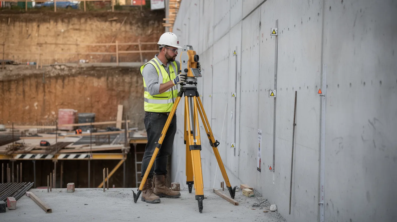 A surveyor is using total station equipment to accurately measure the verticality of a retaining wall at a basement construction site, ensuring compliance with building control regulations and structural safety standards. This inspection is part of the site investigation process to verify that the construction aligns with the approved plans and structural calculations.