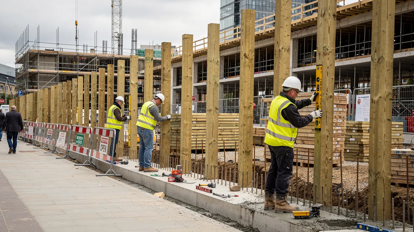 A group of workers is installing timber hoarding posts into pre-dug foundations along the edge of a construction site, ensuring compliance with health and safety regulations to protect the public and prevent unauthorized access. The temporary structure serves as a visual barrier, securing the site perimeter while construction activities take place.
