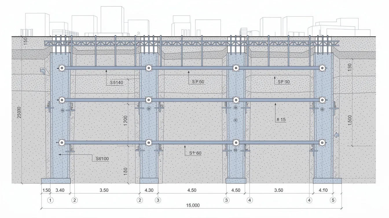 The image is a cross-section diagram illustrating various excavation stages in a construction phase, highlighting strut levels and deflection measurement points. This detailed representation helps users understand the structural elements involved in the excavation process.