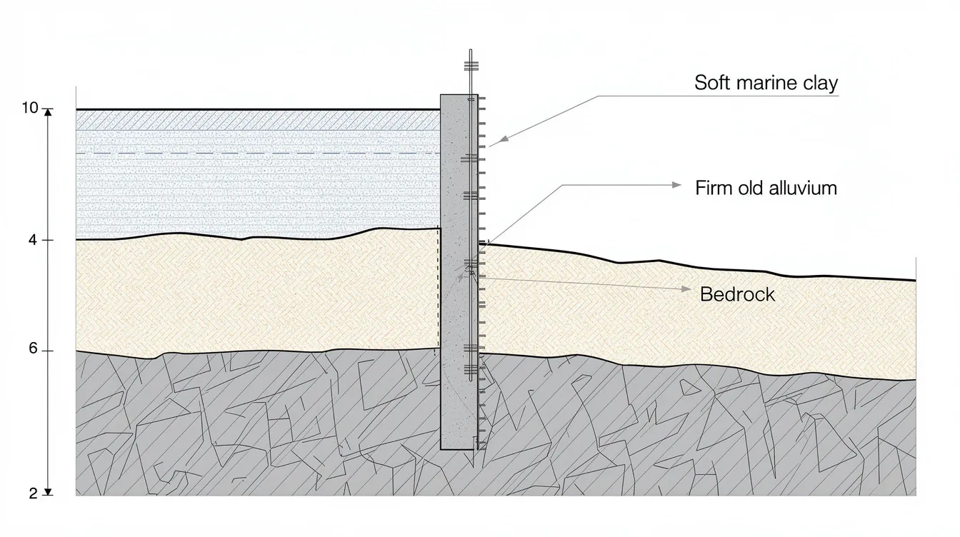 The image depicts a cross-section diagram illustrating layers of soft marine clay situated above firm old alluvium bedrock, with a retaining wall embedded through both strata. This design is crucial for understanding the structural stability and excavation depth in modern construction, particularly in urban projects like those involving earth retaining structures.
