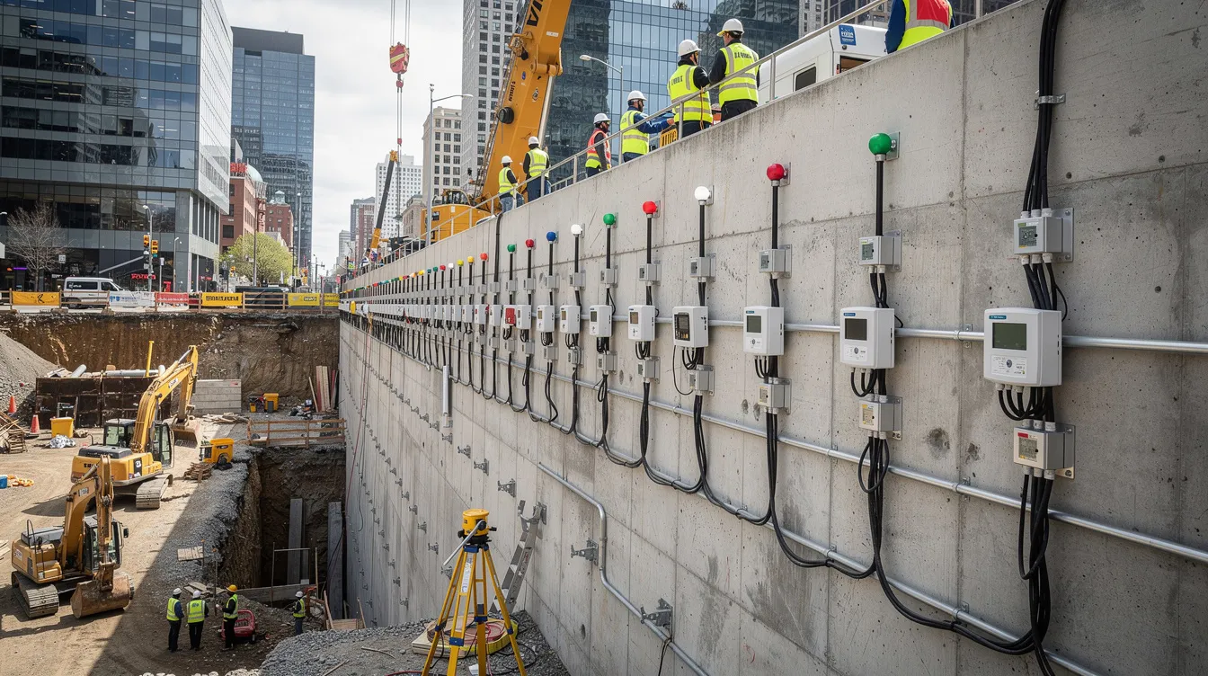The image depicts a bustling construction site featuring various monitoring instruments installed along a retaining wall, with an urban excavation in the background. Alert notifications may be triggered by the equipment, ensuring safety during this critical construction phase.