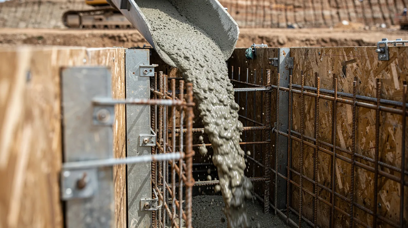 A close-up view captures fresh concrete being poured into formwork for a reinforced wall at an excavation site, highlighting the construction process of permanent retaining structures designed to support adjacent structures and ensure ground stability. The image emphasizes the importance of structural integrity and safety in deep excavation projects.