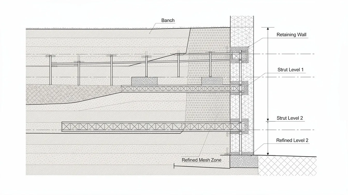 The image depicts a cross-section diagram of a staged excavation, featuring mesh refinement zones strategically placed around the retaining wall and strut levels. This detailed representation is essential for understanding the geotechnical engineering aspects of deep excavations, such as soil properties and wall deflections, crucial for ensuring stability in excavation and tunneling projects.