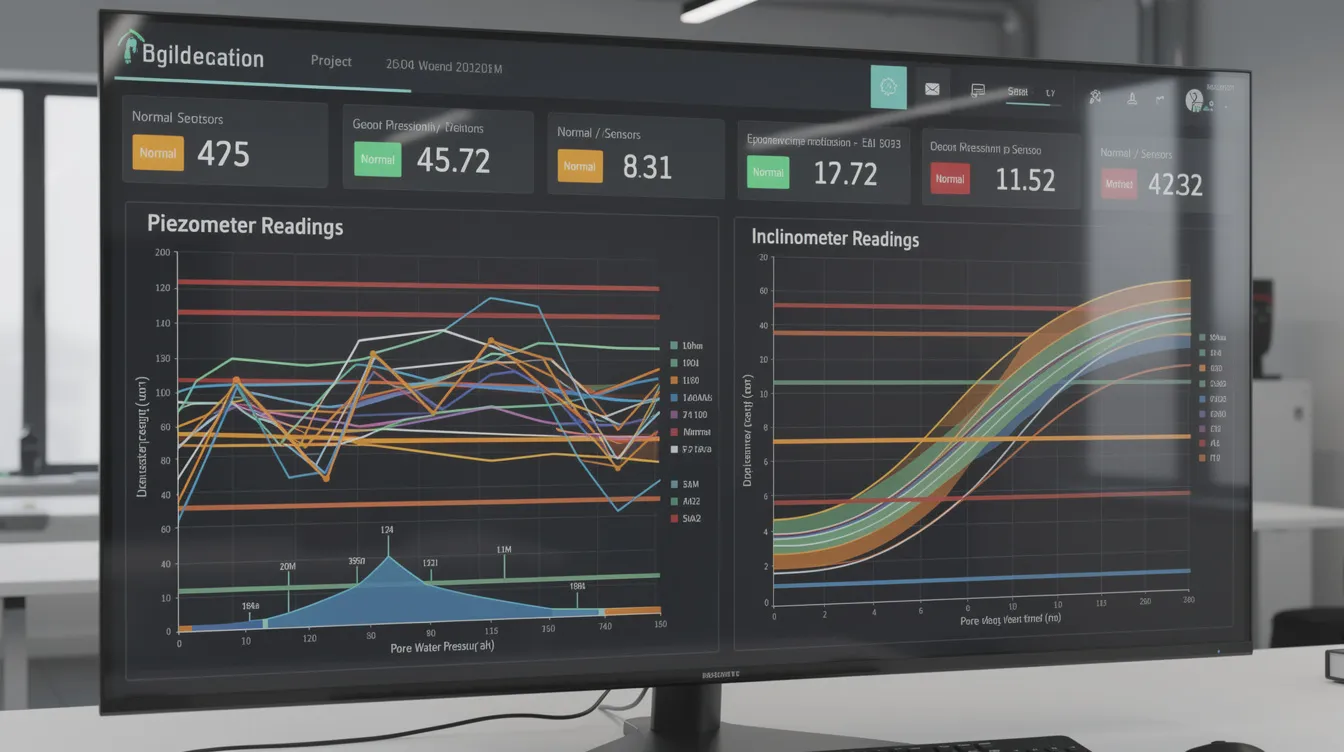 The image depicts a monitoring dashboard displaying real-time readings from piezometers and inclinometers, complete with threshold lines that indicate alert conditions. Users can configure alert settings and receive email notifications when thresholds are triggered, ensuring they stay informed during critical phases of construction.