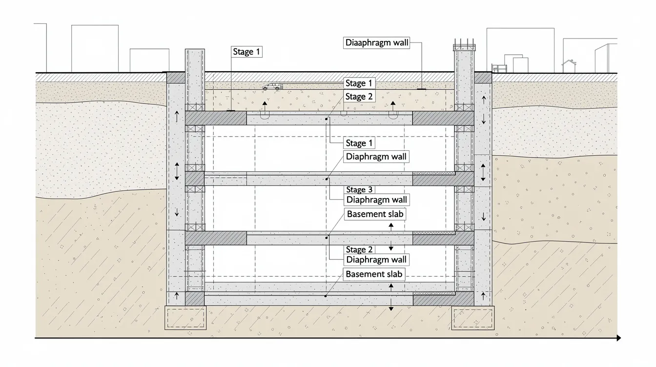 The image is a cross-section diagram illustrating the staged basement excavation process using the top down construction method, featuring diaphragm walls and floor slabs at various levels. It highlights the construction sequence of deep excavation projects, showcasing earth retaining structures and the integration of retaining walls for stability.