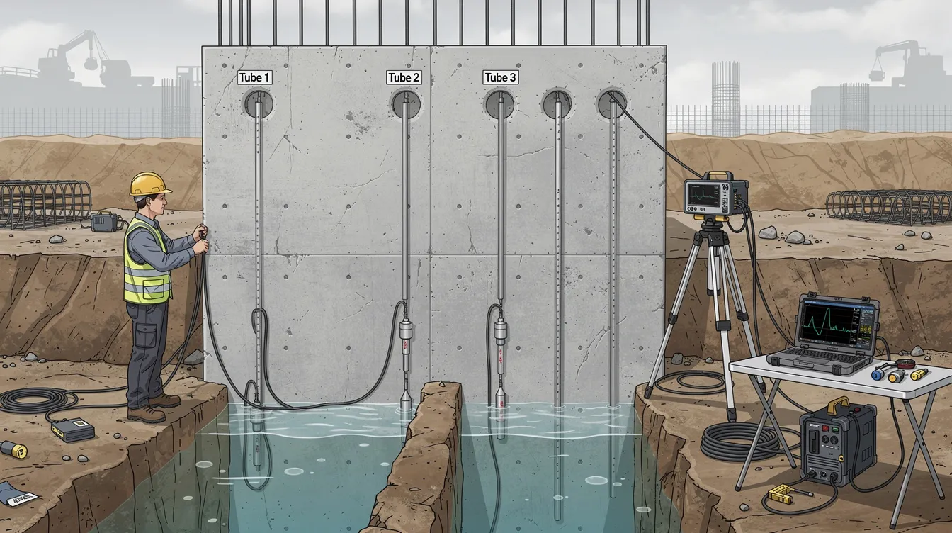 The image depicts a technical equipment setup for crosshole sonic logging of a diaphragm wall panel, featuring access tubes and various data recording instruments. This setup is crucial for ensuring compliance with building control regulations and structural safety during construction processes.