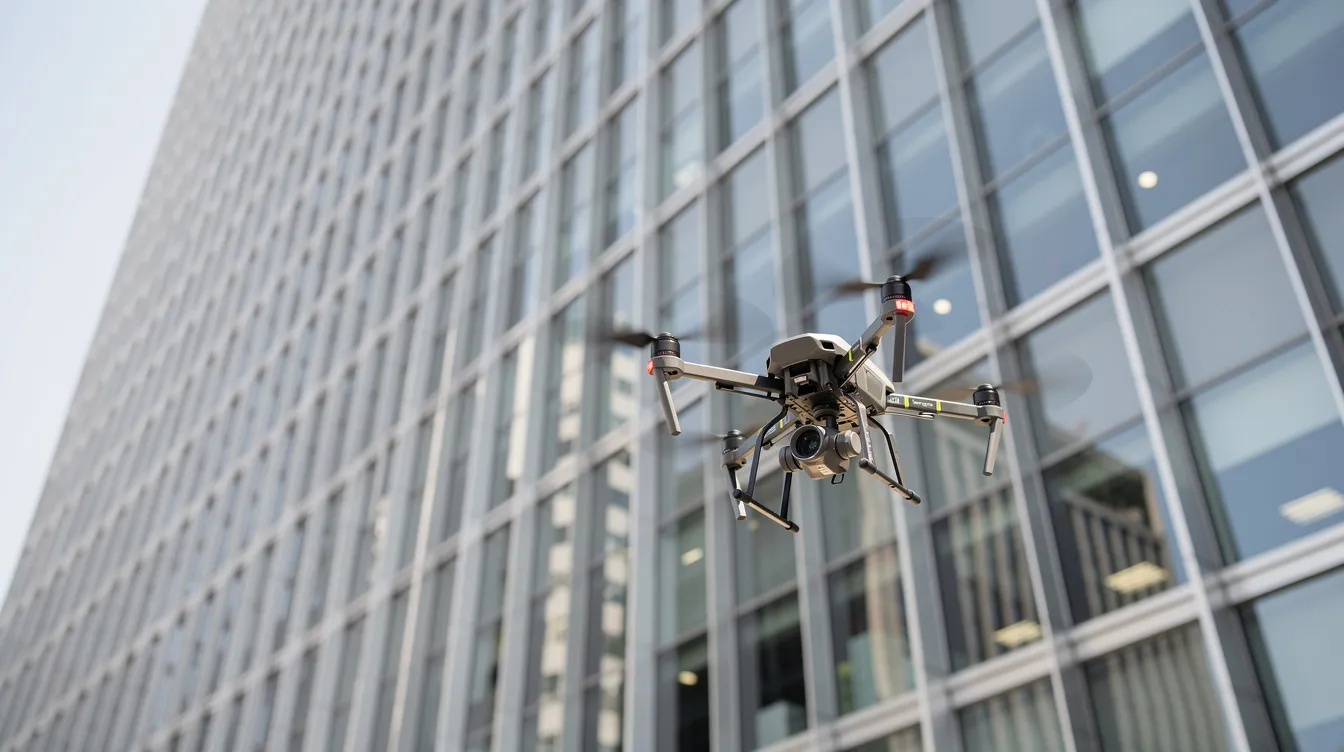 A drone hovers near the facade of a tall glass building, capturing detailed images of the exterior surfaces for a comprehensive building façade inspection. This use of drone technology enhances the efficiency and accuracy of identifying defects while ensuring regulatory compliance in building maintenance.