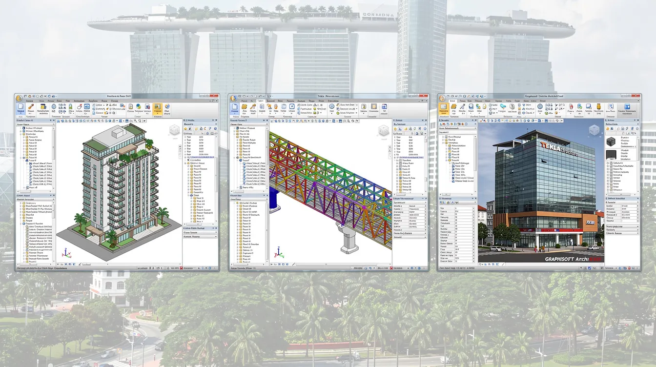 The image features a collage of various BIM software interfaces, including Revit, Tekla, and ArchiCAD, showcasing their application in construction projects in Singapore. The visual highlights the importance of BIM modeling and coordination among project teams to enhance project outcomes and streamline the project lifecycle.