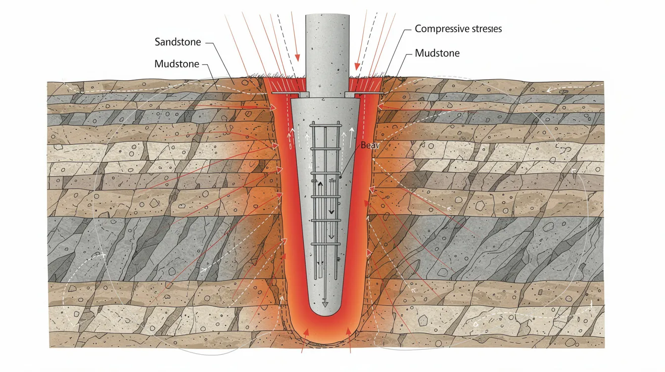 The image depicts a detailed visualization of a deep rock socket, illustrating the load transfer through interbedded sandstone and mudstone layers within Singapore's sedimentary rock mass. This representation highlights the engineering geological properties and rock mechanics involved in the construction of underground storage caverns, specifically in the highly variable Jurong formation.