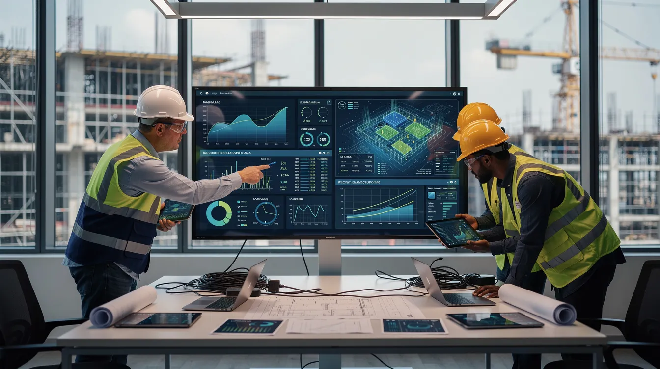A group of engineers is gathered around a digital dashboard at a construction site office, analyzing real-time monitoring data related to structural works and instrumentation monitoring. The screen displays various geotechnical parameters and metrics, essential for ensuring compliance with regulations and the successful completion of the project.