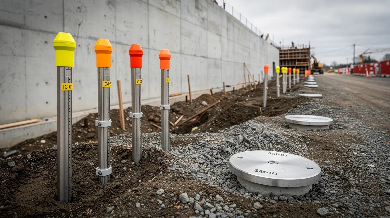 The image depicts construction monitoring instruments, including inclinometer casings and settlement markers, installed near a retaining wall, highlighting the importance of instrumentation monitoring in ensuring the stability of structural elements during site investigation and construction. These installations are crucial for assessing geotechnical parameters and maintaining compliance with regulations and standards.