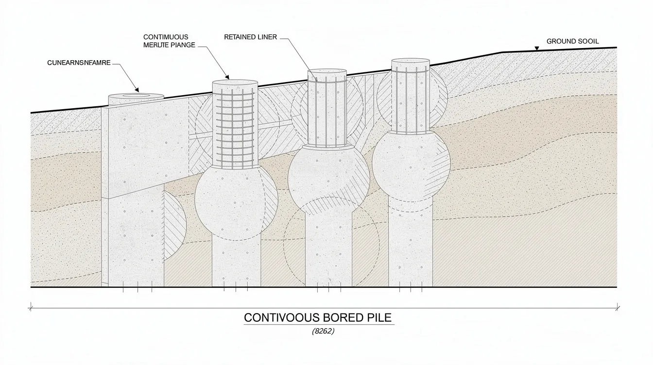 The image depicts a detailed cross-section of a contiguous bored pile wall, showcasing the reinforced concrete facing and a drainage membrane positioned behind the liner. This structure serves as a retaining wall, essential for supporting the foundation of a nearby masonry museum building while managing lateral earth pressures during deep excavation activities.