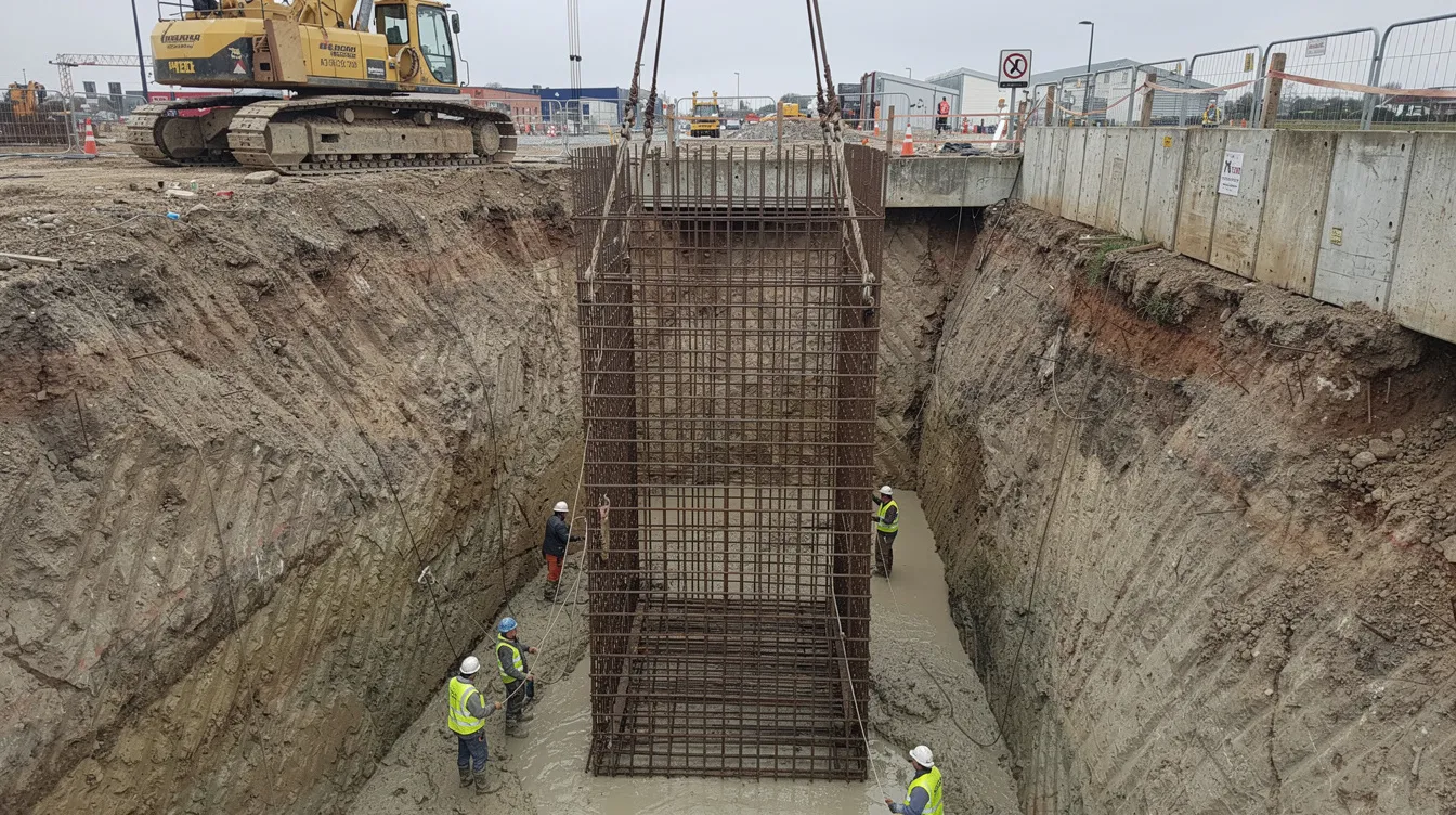 An industrial scene shows a reinforcement cage being carefully lowered into a deep excavation trench for a diaphragm wall panel, illustrating a crucial step in the construction process of permanent retaining structures. The image emphasizes the importance of structural integrity and safety measures in deep excavation projects, ensuring the stability of adjacent structures.