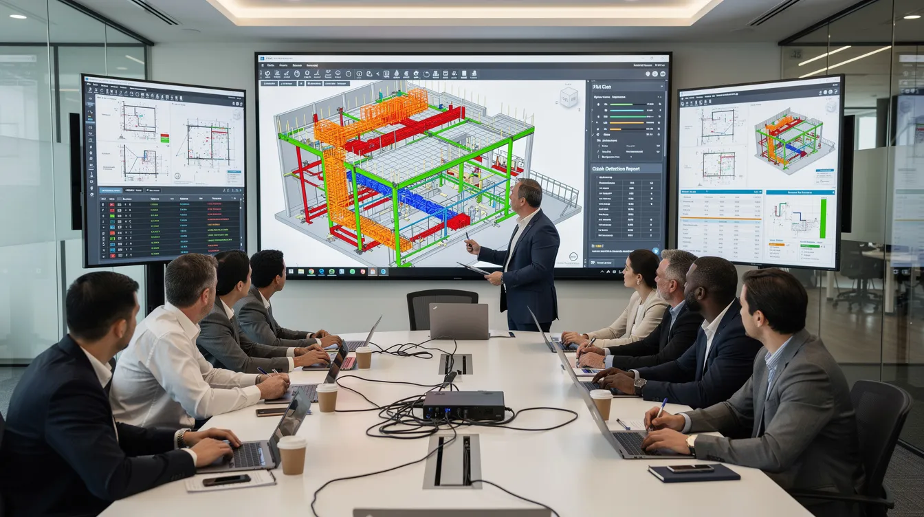 The image depicts a BIM coordination session in a project meeting room, where multiple screens display clash detection results related to construction projects. Project teams, including BIM coordinators and managers, are engaged in discussions to ensure seamless coordination and effective BIM implementation throughout the project lifecycle.
