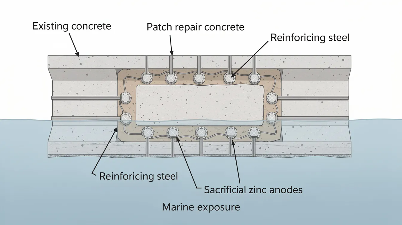 The image depicts a diagram illustrating sacrificial zinc anodes strategically installed at the boundary of a concrete patch repair on a marine beam, highlighting their role in galvanic cathodic protection to prevent corrosion in reinforced concrete structures. The diagram emphasizes the importance of these anodes in marine environments, showcasing their effectiveness in maintaining the integrity of metal surfaces against degradation.