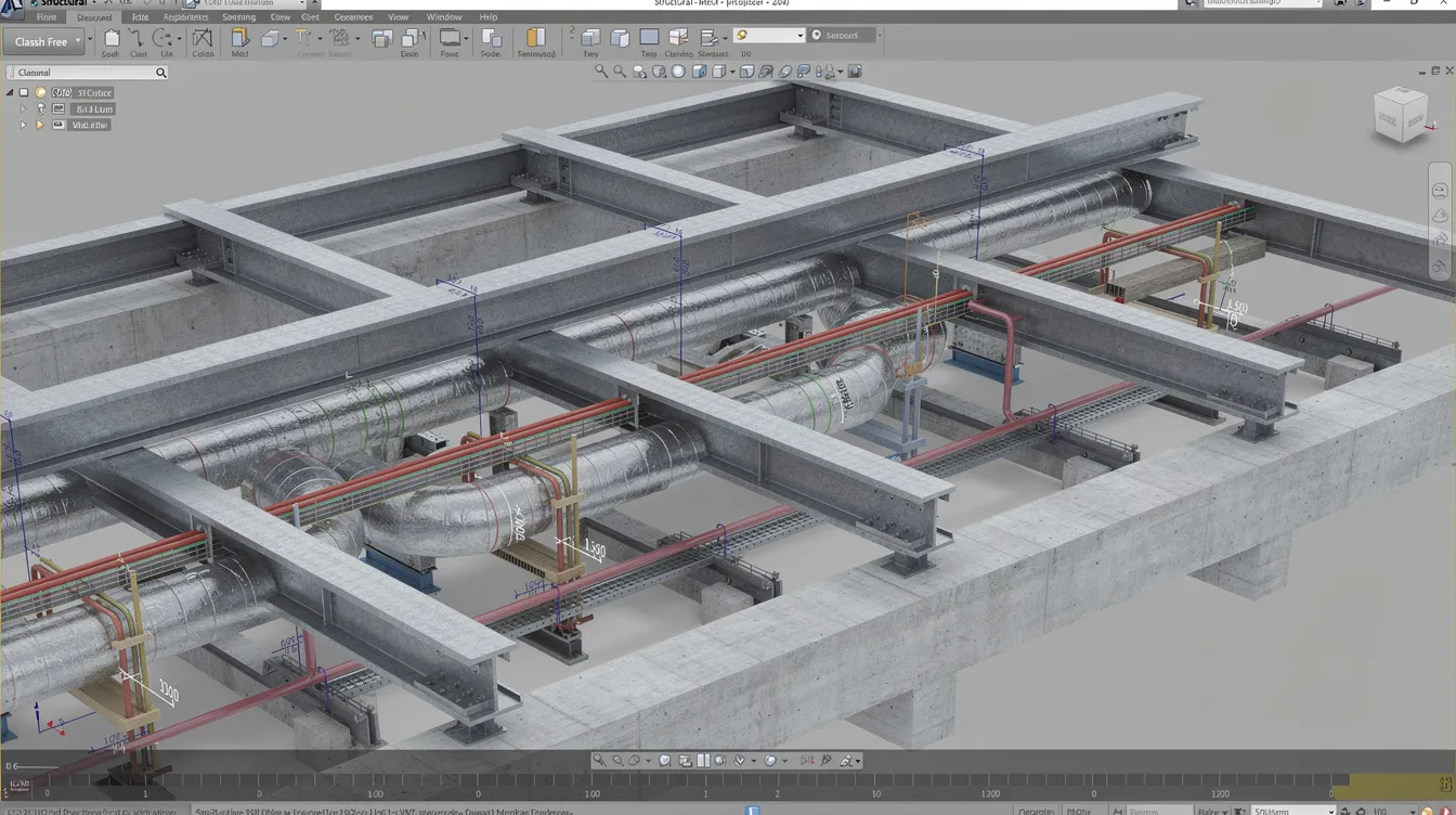 The image depicts a coordinated Building Information Modeling (BIM) model showcasing enlarged concrete beams with relocated ducts, ensuring maintained clearances for optimal structural integrity. This visualization highlights the application of strengthening techniques, such as fiber reinforced polymer composites, to enhance the load carrying capacity of existing structural elements in a civil engineering project.