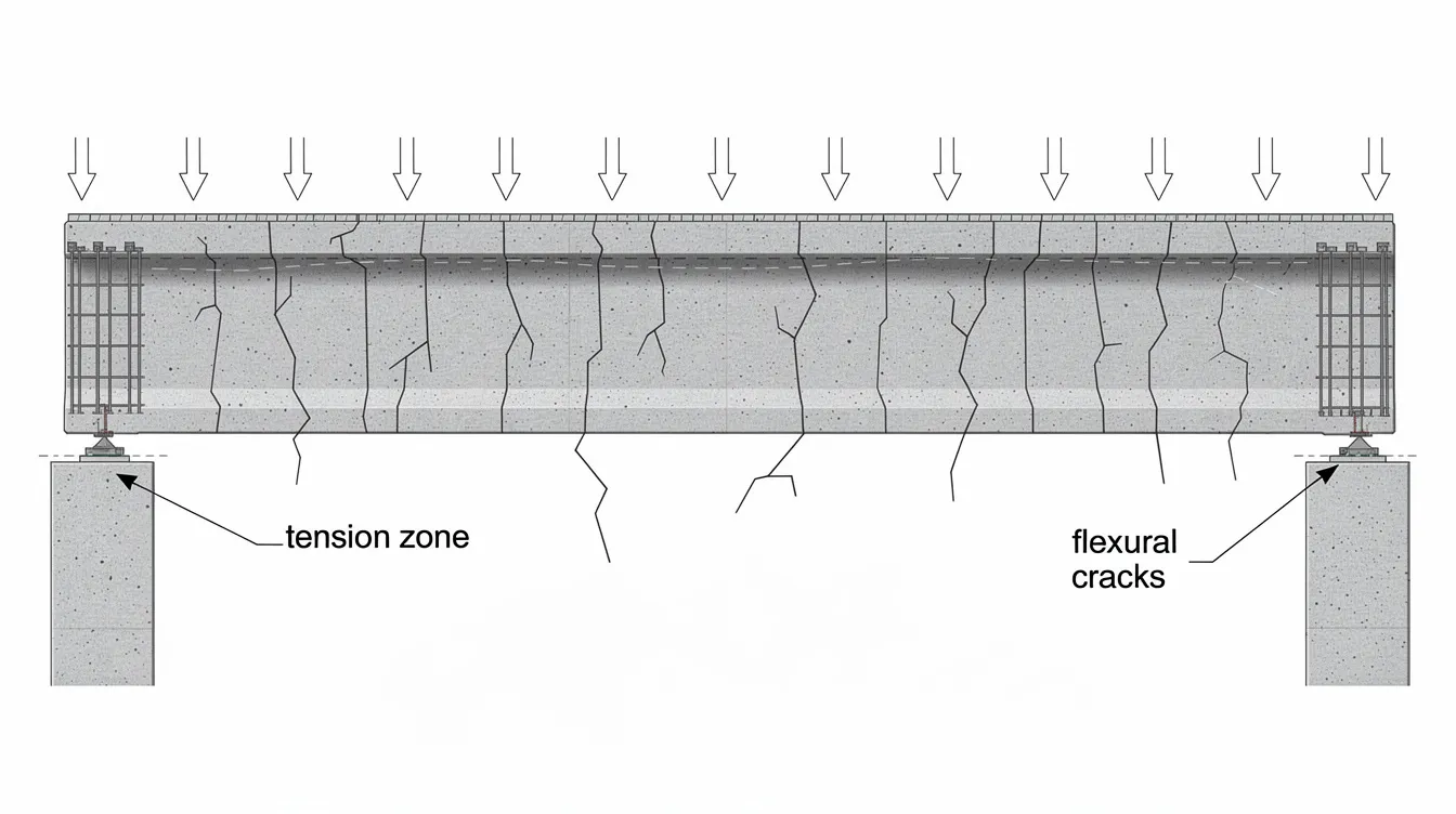 The image depicts a concrete beam exhibiting flexural cracks along the soffit, indicating structural deficiencies under heavy loading. This visual highlights the need for structural strengthening techniques, such as external reinforcement or fiber reinforced polymer composites, to enhance the load carrying capacity and maintain the structural integrity of existing concrete structures.