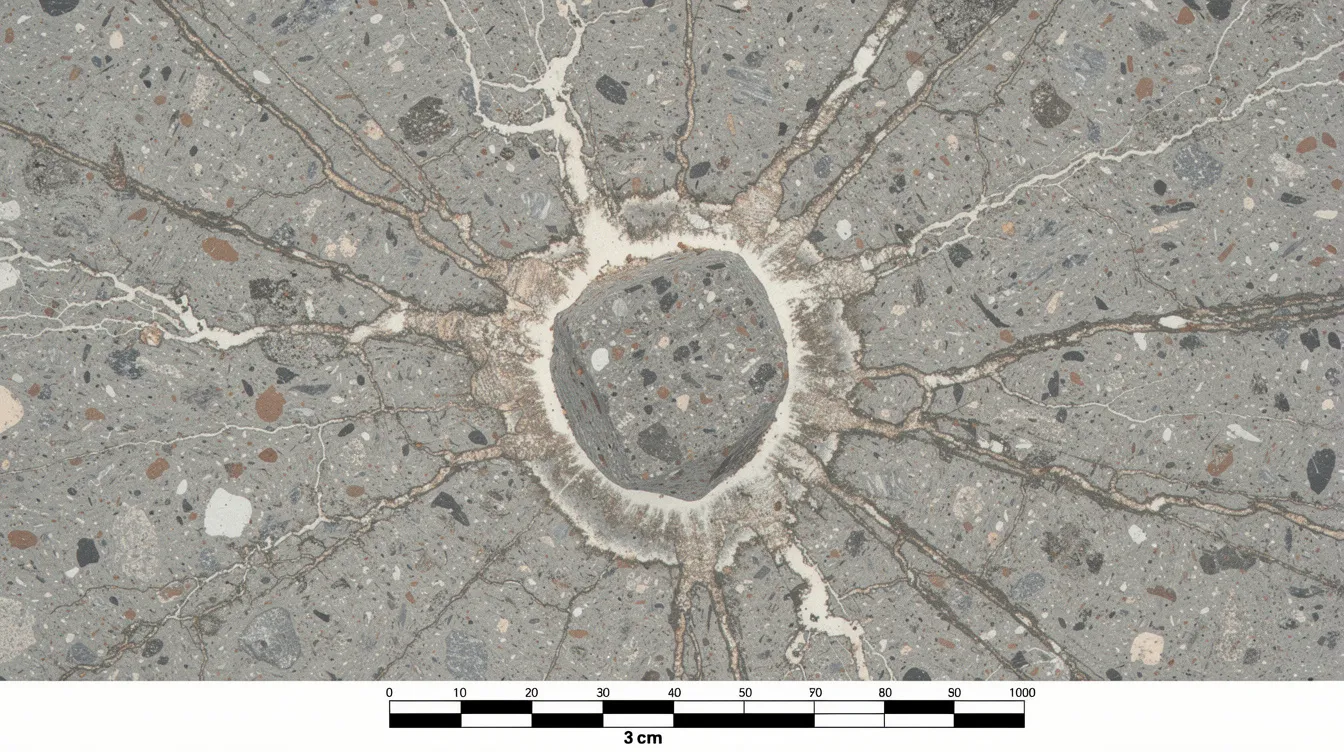 The image shows a microscope view of a thin section of concrete, highlighting gel-filled cracks radiating from reactive aggregates into the surrounding cement paste, indicative of alkali silica reaction (ASR). The presence of reaction rims emphasizes the chemical reaction occurring within the concrete matrix, which can lead to detrimental effects on structural integrity if not properly mitigated.