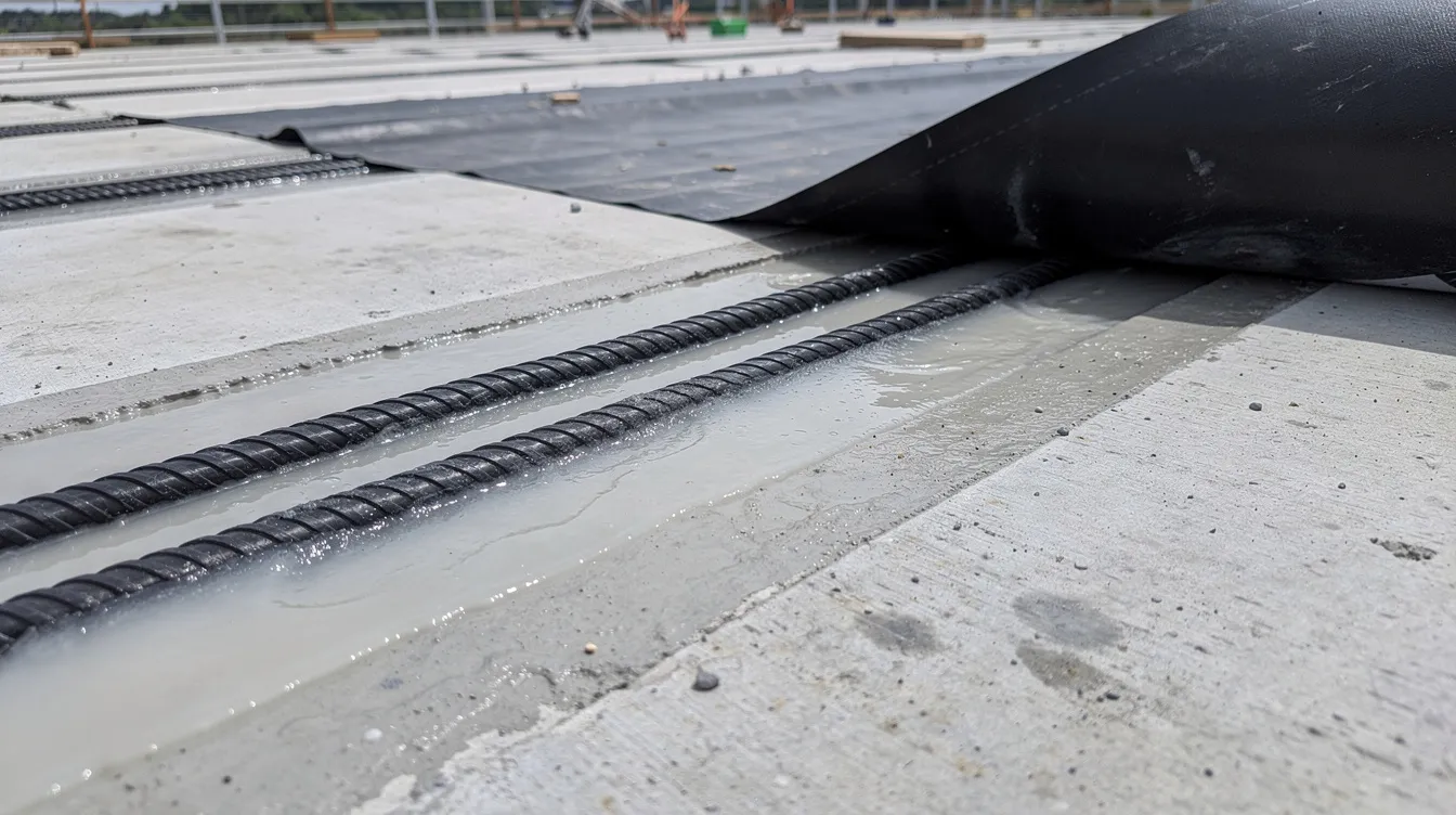 The image shows a close-up view of near surface mounted (NSM) CFRP bars embedded in epoxy-filled grooves on the top surface of a concrete deck, with a waterproofing membrane partially reinstated. This setup illustrates the flexural strengthening of reinforced concrete beams, enhancing the structural integrity of reinforced concrete structures.