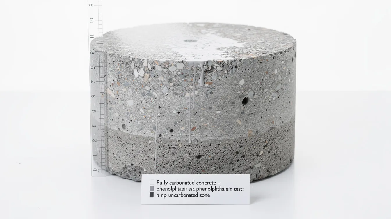 The image depicts a cross-section of fully carbonated concrete, which remains entirely colorless after a phenolphthalein indicator test, indicating deep carbonation throughout the sample. This suggests a significant carbonation depth, potentially affecting the structural integrity and corrosion risk of the embedded steel reinforcement.