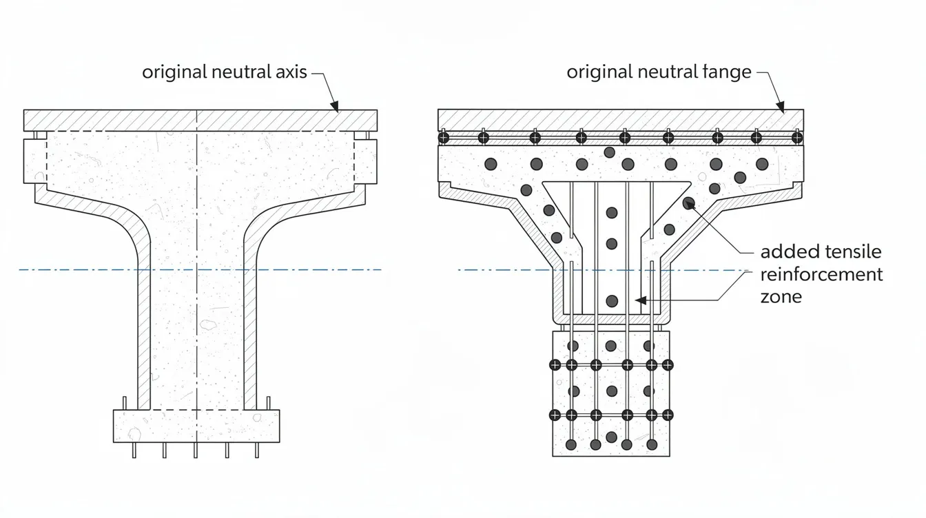 The image depicts a cross-section of a beam before and after the deepening of its bottom flange, illustrating the neutral axis shift and the addition of a tensile reinforcement zone. This visual representation highlights structural strengthening techniques used to enhance the load-carrying capacity of existing structural elements in reinforced concrete structures.