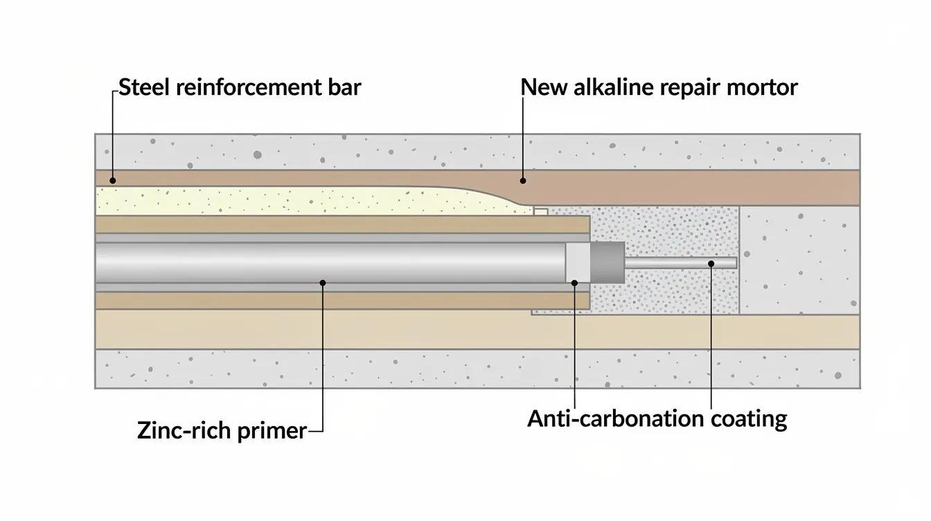 The image depicts a cross-section diagram illustrating the layers surrounding steel reinforcement in concrete structures, including removed carbonated concrete, a zinc-rich primer applied to the steel bar, new alkaline repair mortar restoring the concrete cover, and an outer anti-carbonation coating. This visual representation highlights the importance of carbonation depth testing and surface protection to enhance the structural integrity and remaining service life of reinforced concrete.