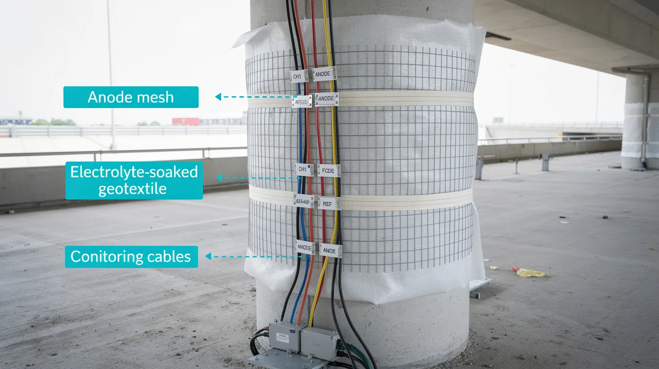 The image shows an annotated ECE anode mesh installed on a concrete column, surrounded by an electrolyte-soaked geotextile wrap and connected to monitoring cables. This setup is part of the electrochemical chloride extraction process aimed at halting corrosion in contaminated reinforced concrete structures by removing chloride ions from the steel reinforcement.