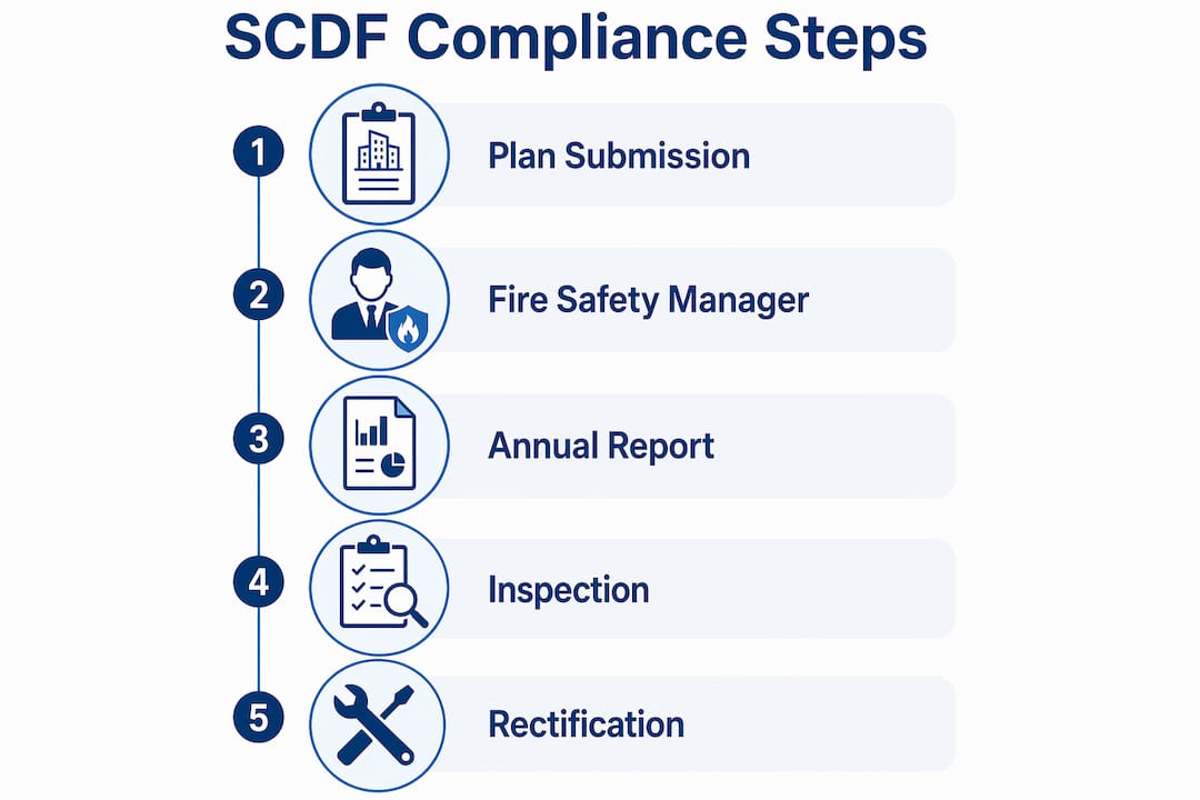 Infographic depicting five key SCDF compliance steps
