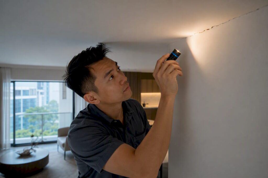 Inspector examining apartment wall crack
