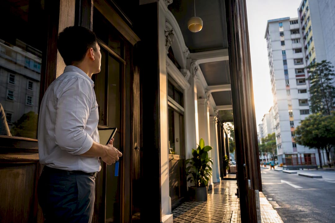 Consultant assessing Singapore shophouse frontage