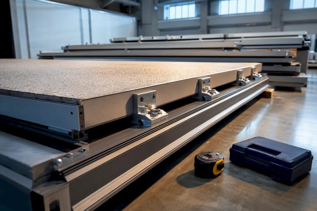 Prefabricated facade panels aligned in workshop