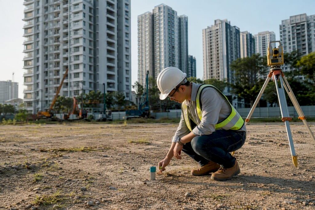 Surveyor checking Singapore development site boundaries