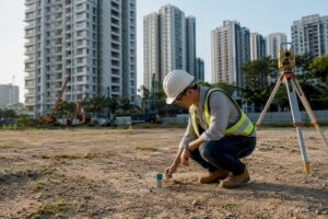 Surveyor checking Singapore development site boundaries