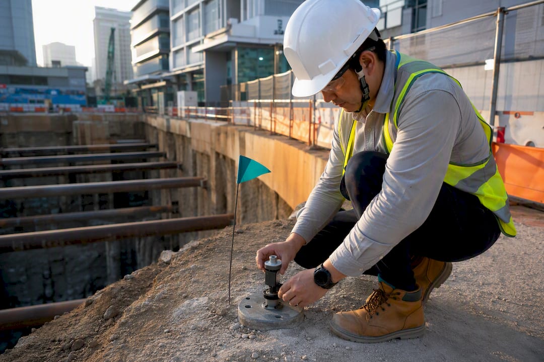 Engineer checking excavation movement monitoring equipment