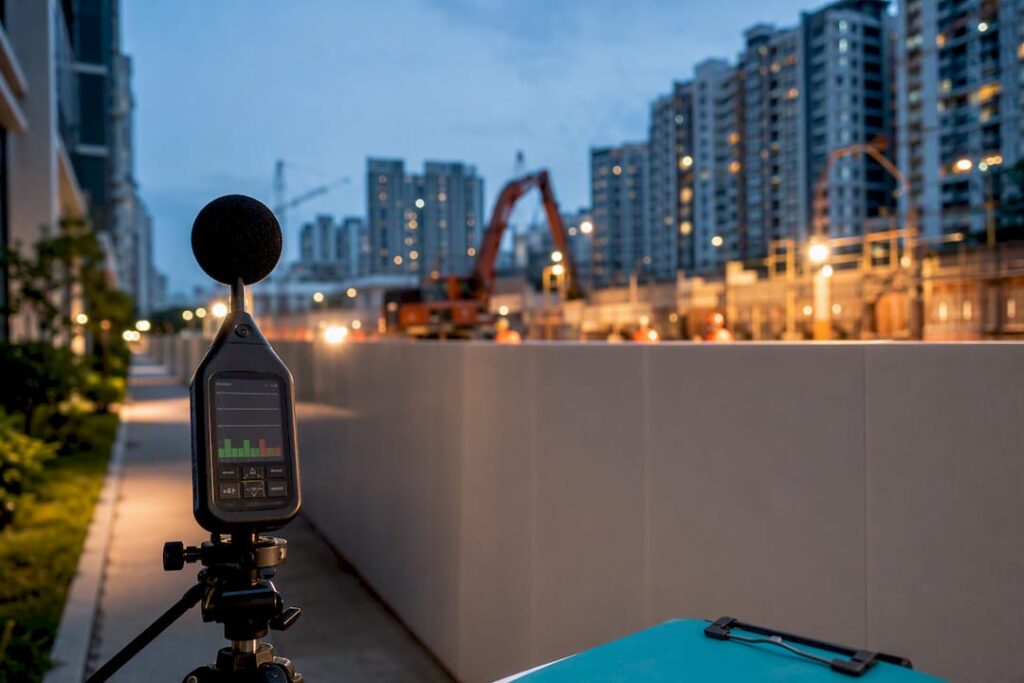 Noise specialist measuring construction site sound