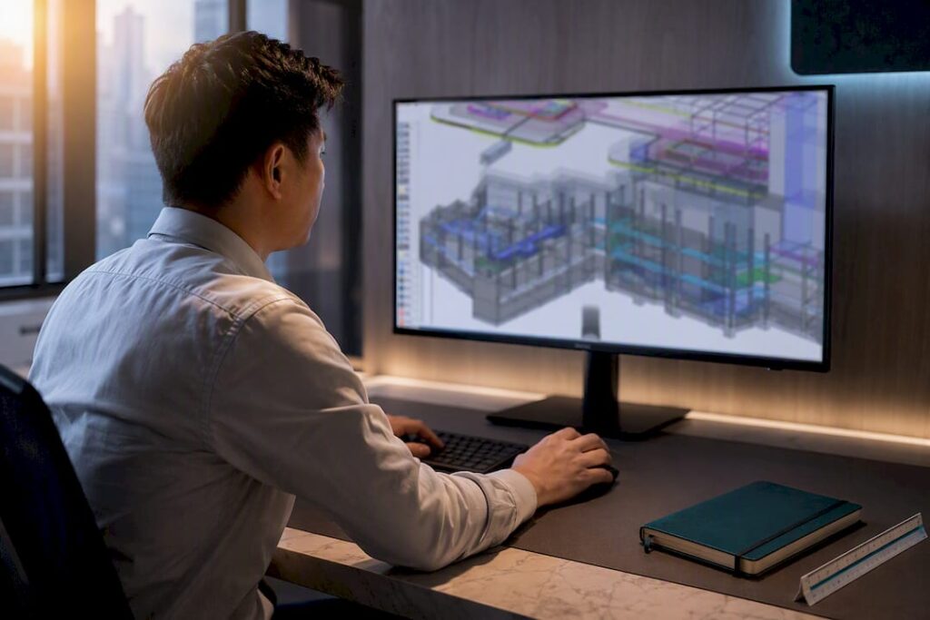 Engineer reviewing federated IFC building model