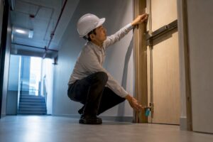 Inspector checking fire-rated building compartment